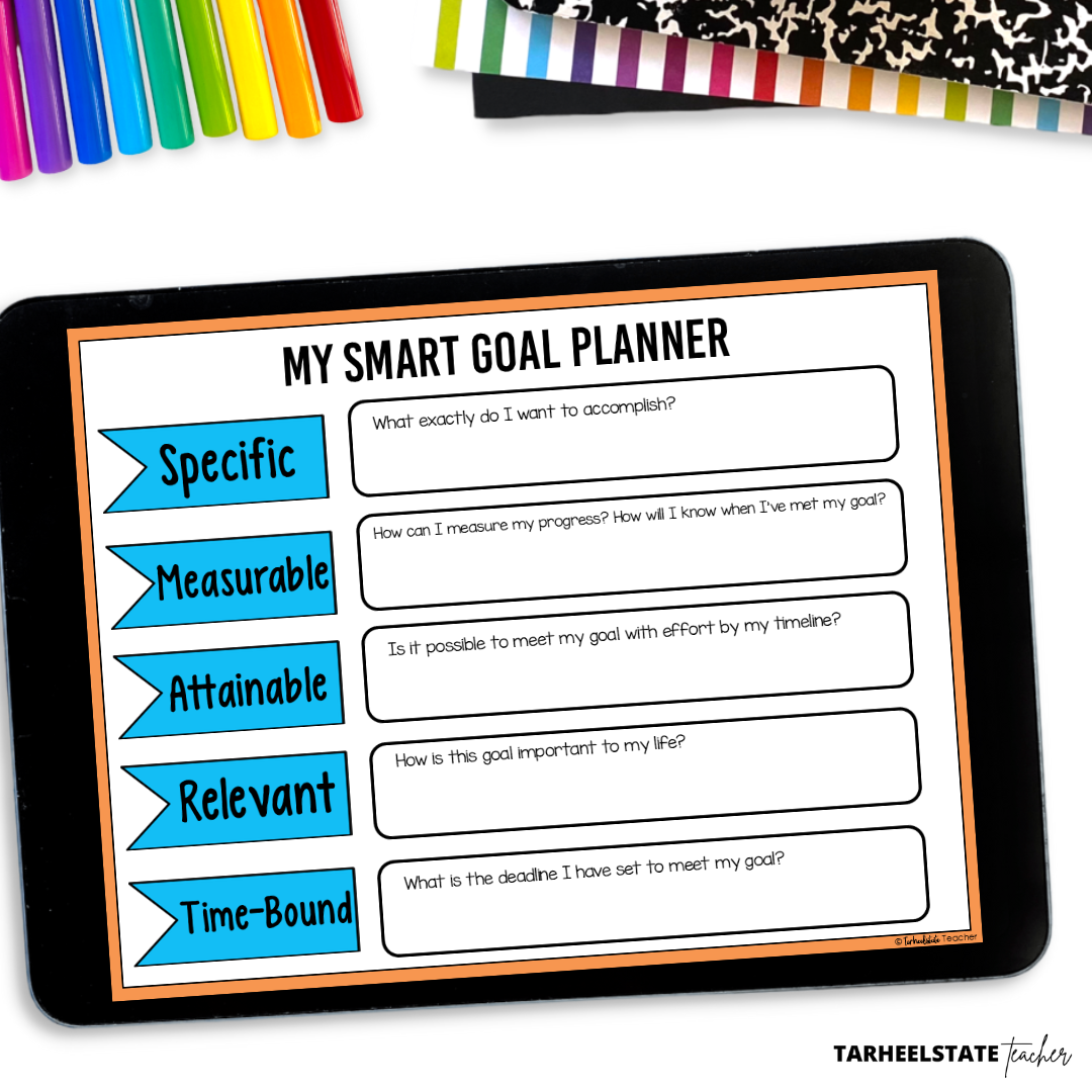Teaching Students About Goal Setting - Methods, Strategies, Tips, and a PEP Talk! - GoalSetting28329 SMART goal planner worksheet guiding students through specific, measurable, attainable, relevant, and time-bound goal setting strategies