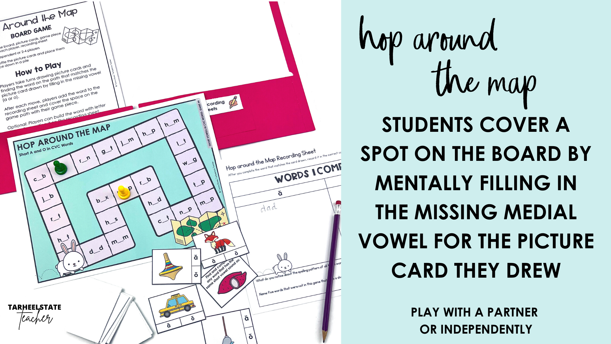 Hop Around the Map board game and recording sheet for identifying missing medial vowels in CVC words — Letter Name-Alphabetic spelling, upper elementary spelling