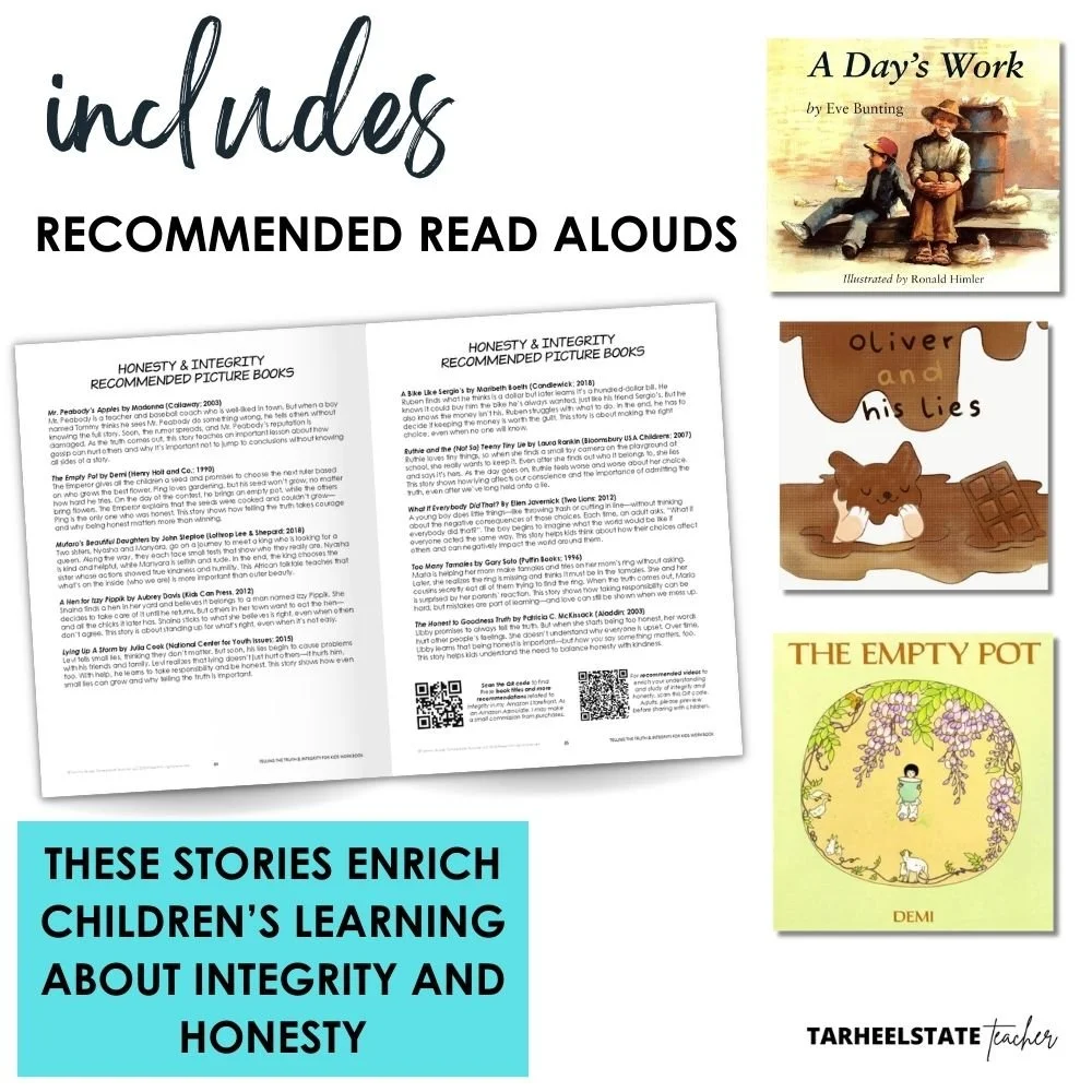 Teaching Kids About Honesty and Integrity: A Character-Building Homeschool and SEL Workbook for Ages 8–12 - TeachingKidsAboutLyingIntegrityWorkbookImage8 suggested books about lying and telling the truth for kids included in the integrity workbook