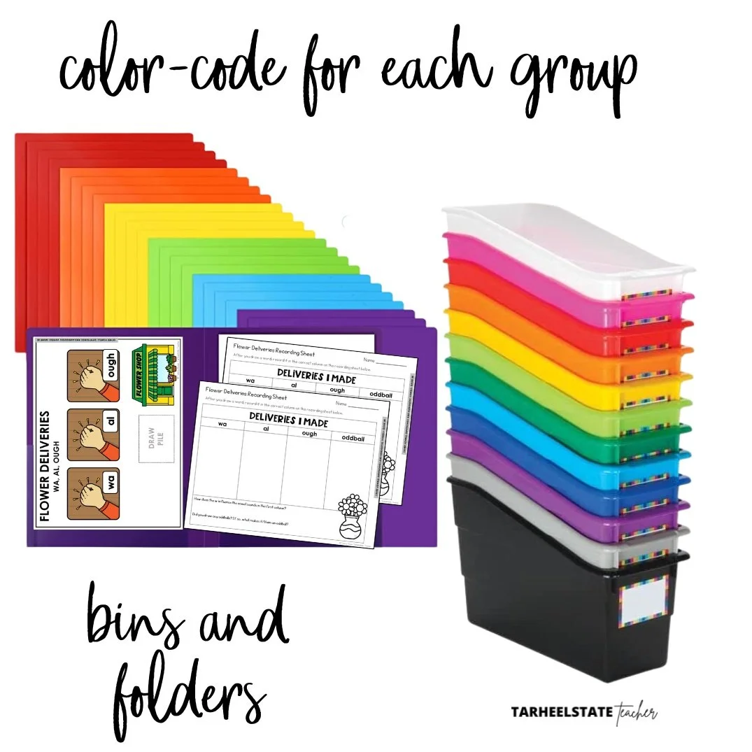 Color-coded word study center bins and folders organized by spelling group level