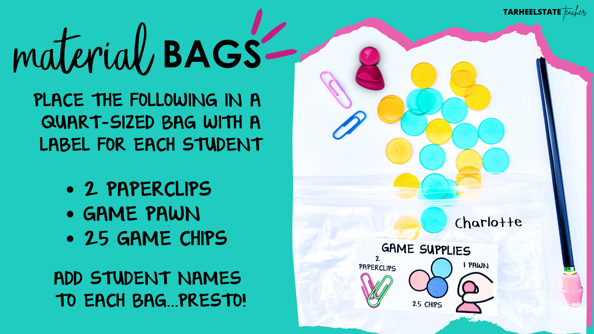 Individual student manipulative bags with spinners counters game pawns and letter tiles for word study centers