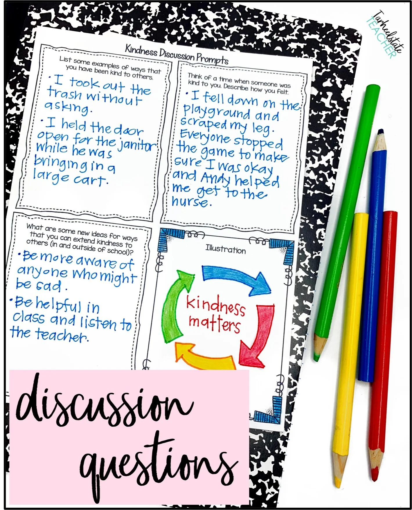 The Theme-Based Morning Meeting Routine for Upper Elementary (plus Meaty, Free Morning Meeting Resources) - kindness2Bdiscussion2Bquestions2Bfor2Bdiscussion2Bphase2Bof2Bmorning2Bmeeting2Bframework kindness activities for upper elementary students