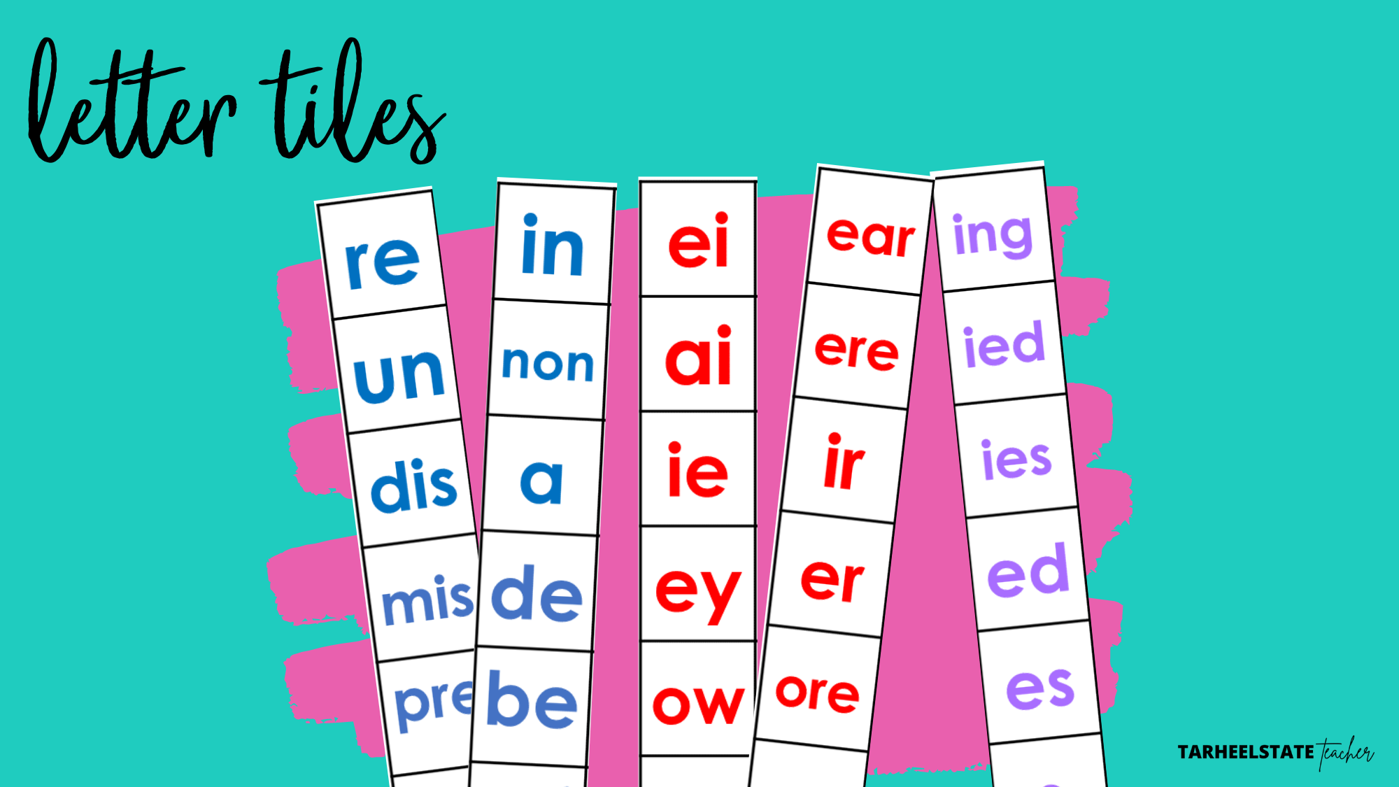 Laminated letter tile strips organized by spelling level for word study center games