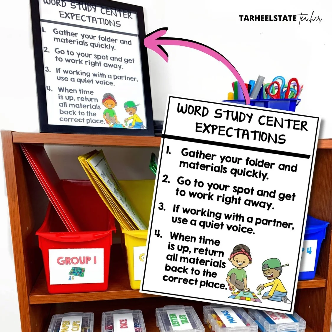 Word study center expectations poster displayed near spelling games center area